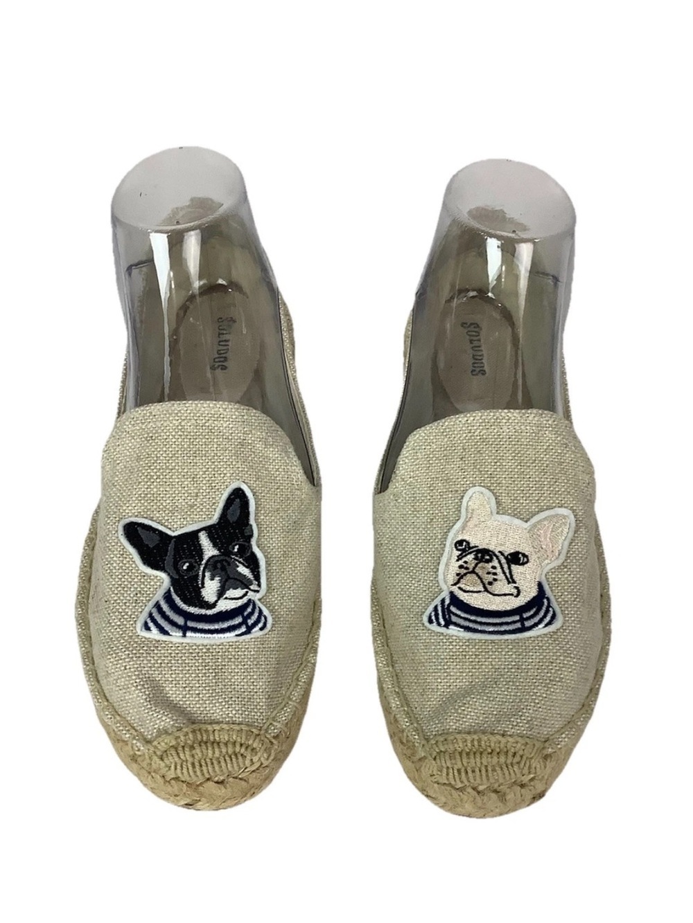 Soludos Women's Sz 8.5 French Bulldog Embroidered Espadrille Flats Tan Shoes